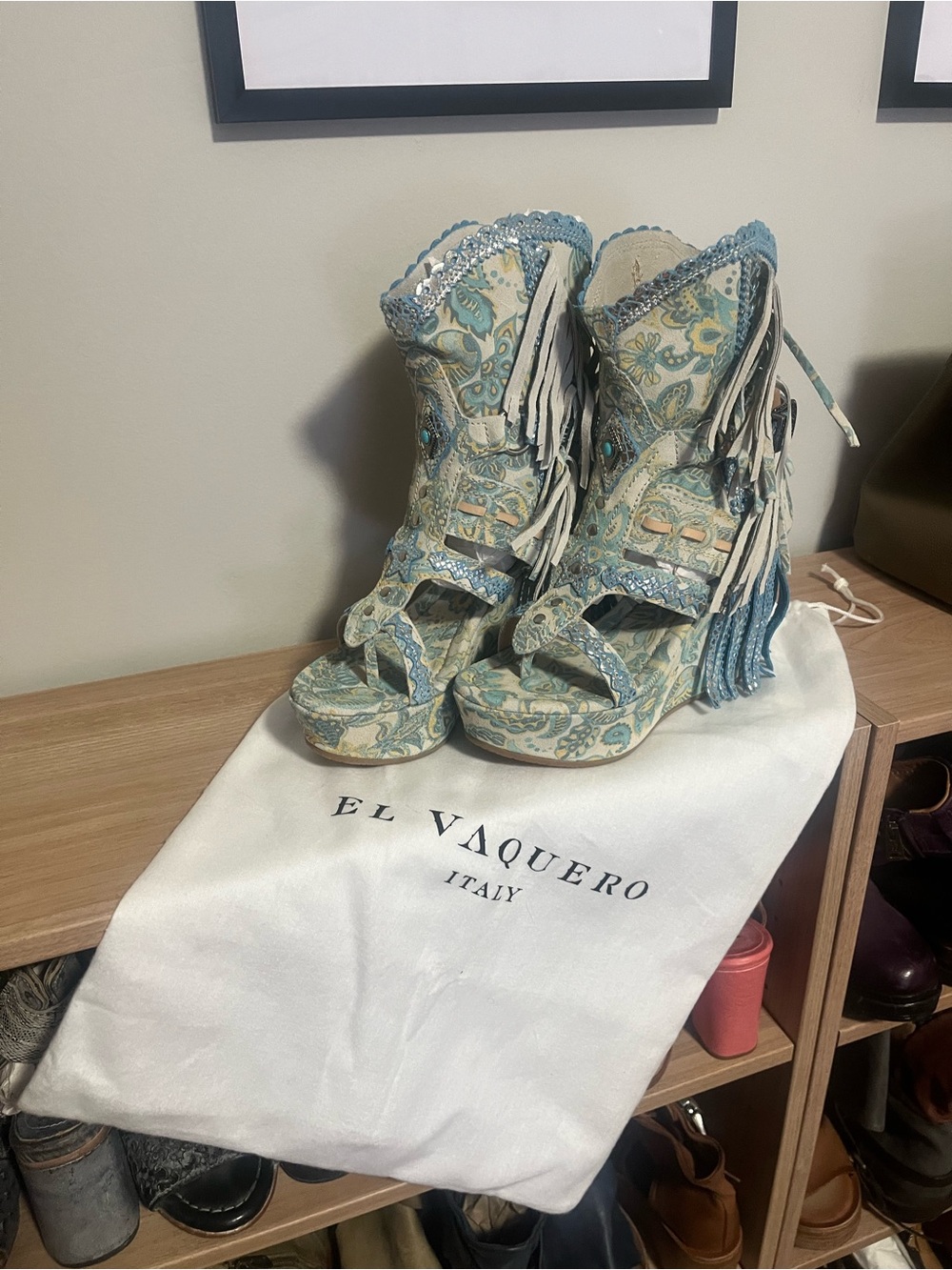 El Vaquero -Blue Paisley Fringe Open-Toe Heeled Boots Size37